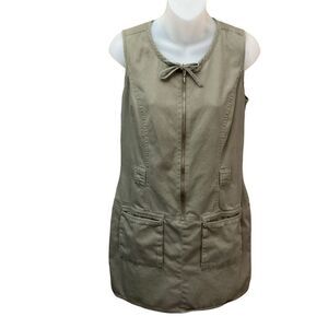 Gap Dress Shift Drawstring Neck Zip Front Army Green 2 Pockets Sleeveless Small
